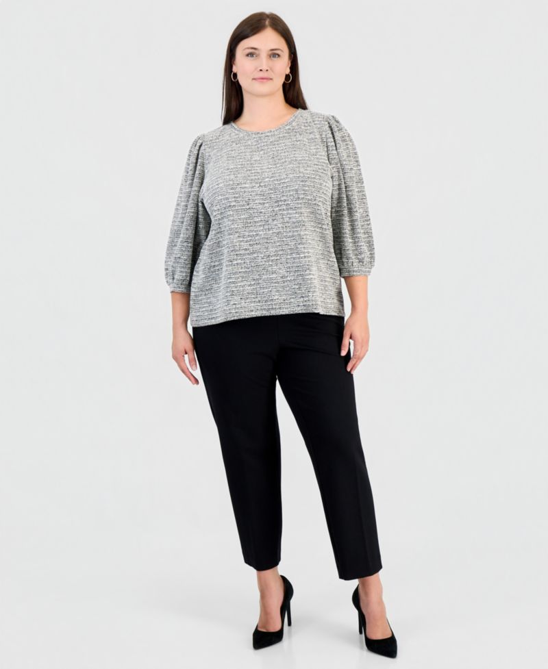 Plus Size Crew Neck Boucl&eacute; 3/4-Length Balloon Sleeve Sweater