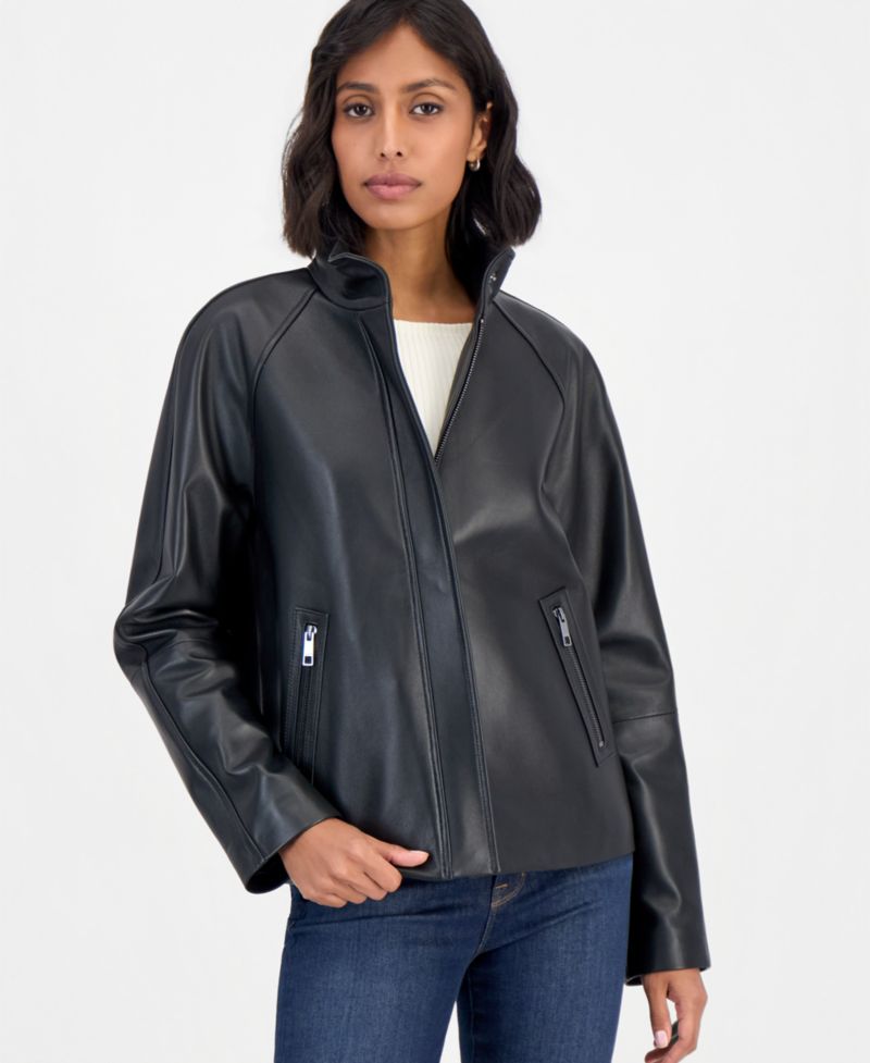 Women's Leather Stand-Collar Zip-Up Jacket