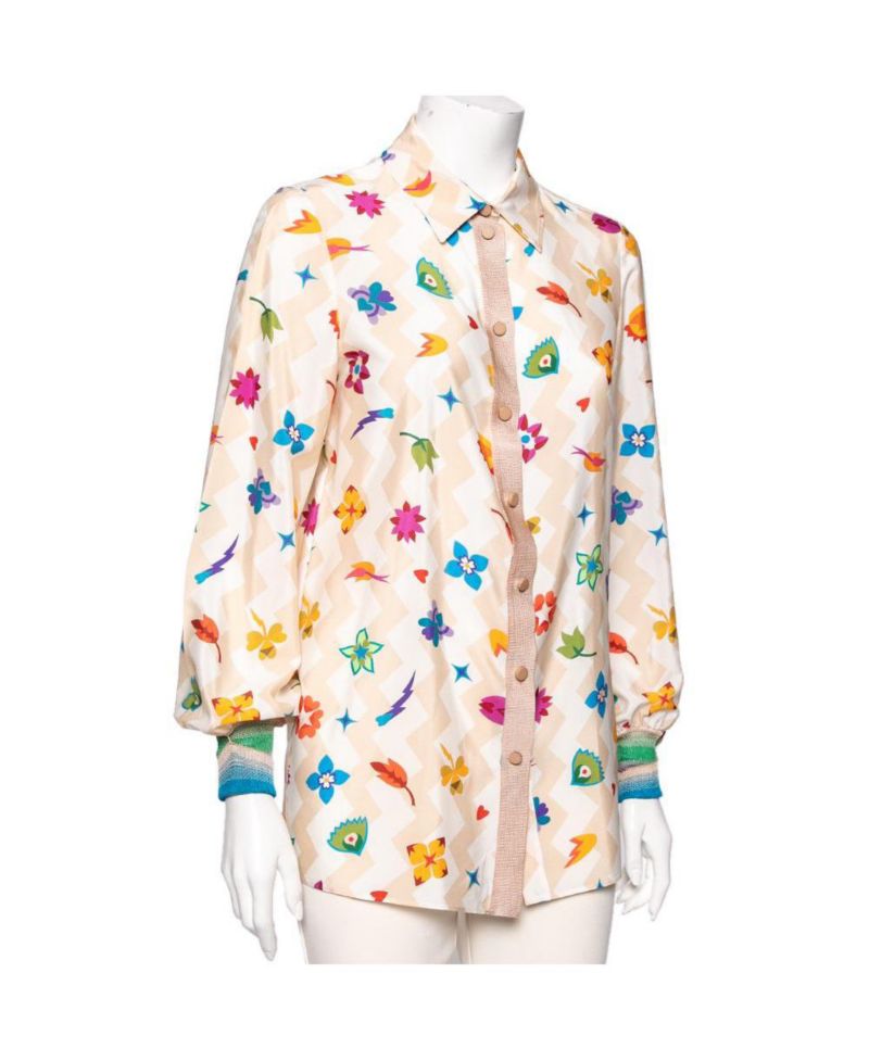 Women's Printed Crepe and Knit Trim Detailed Button Front Shirt