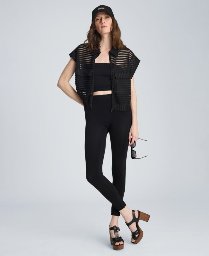 Women's Rib Mesh Sleeveless Cardigan with Chest Pockets