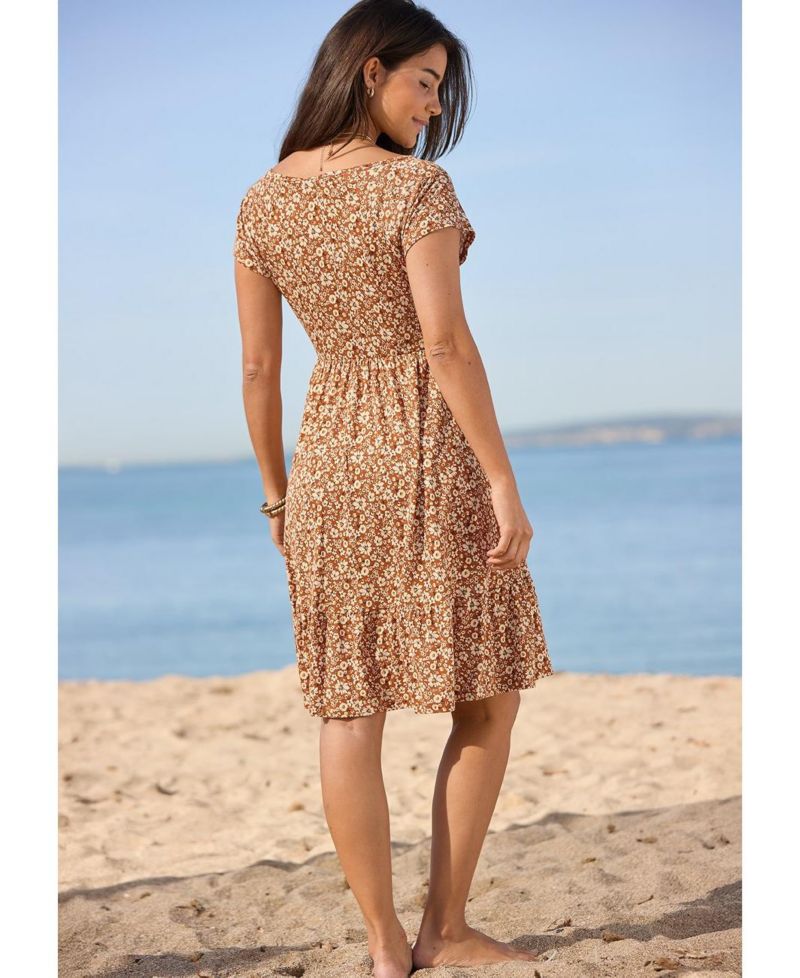 Women's Viscose Printed Flounce A-Line V-Neck Elastic-Waist Short Dress