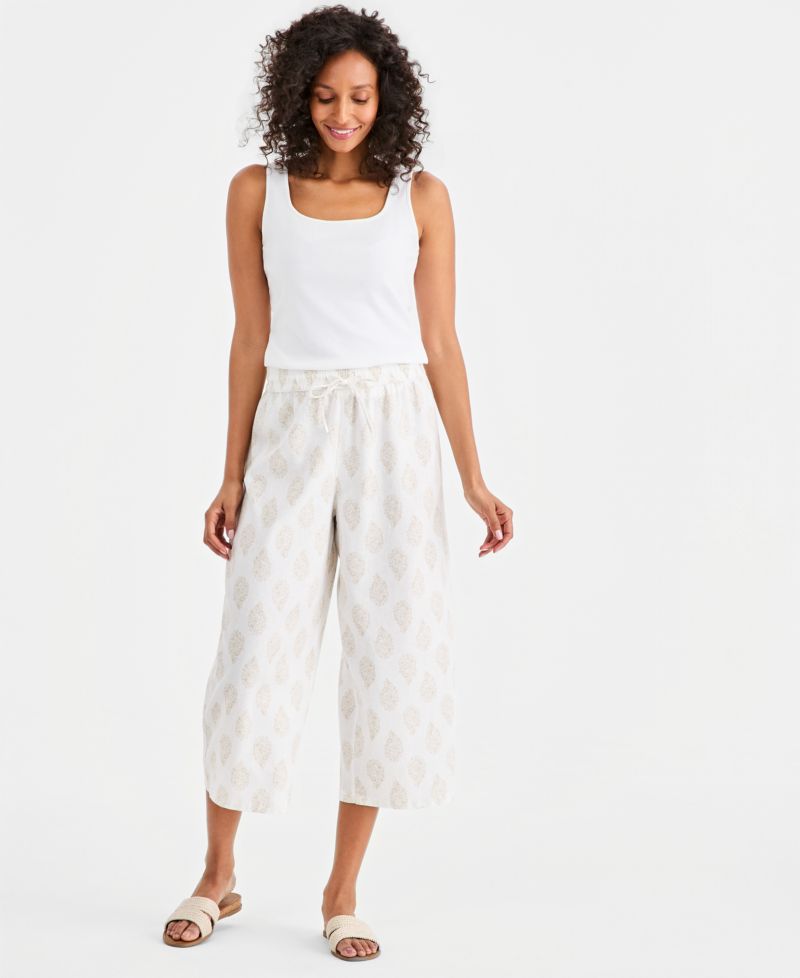 Women's Printed Linen Wide-Leg Capri Pants