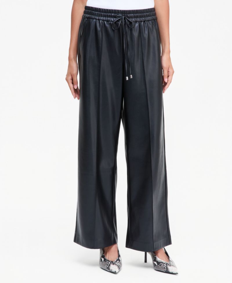 Women's Drawstring Wide-Leg High-Waist Faux Leather Pants
