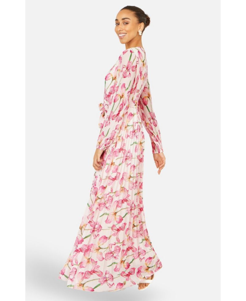 Women's Orchid Floral Pleated Wrap Maxi Dress