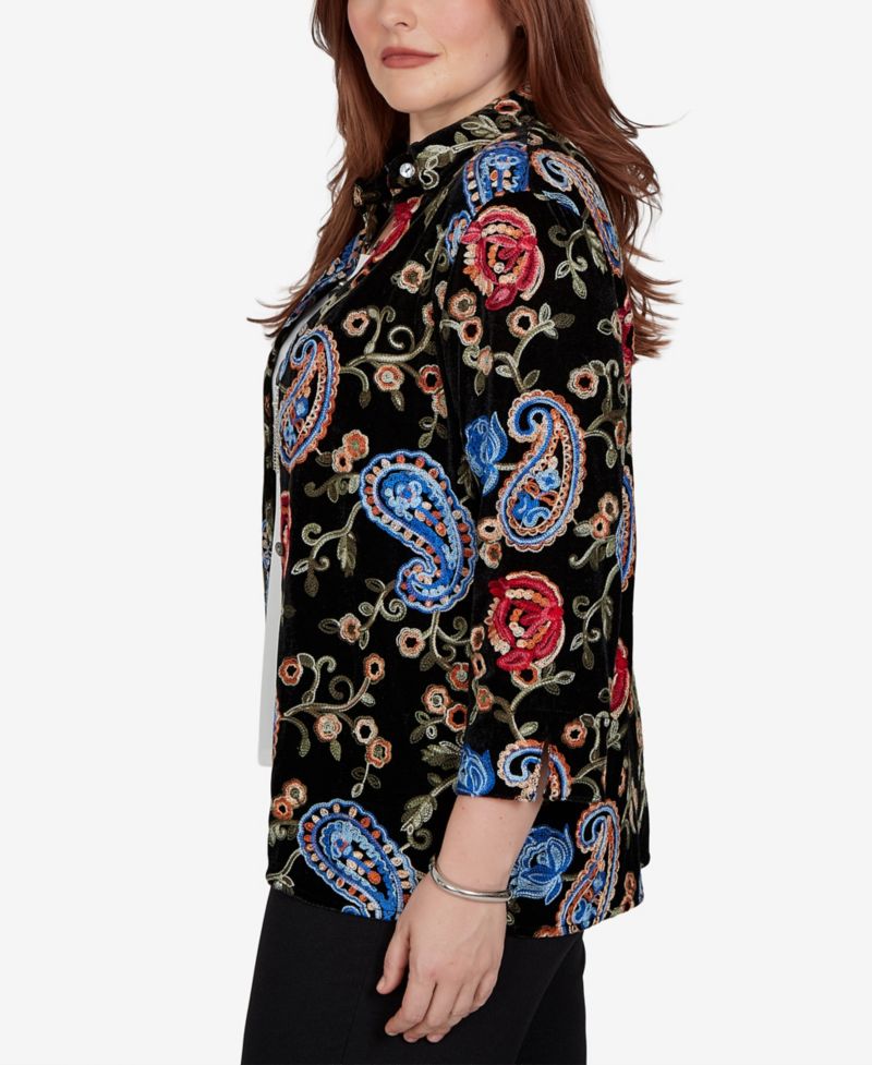 Women's Knit Floral-Print Velvet 3/4-Sleeve Blouse