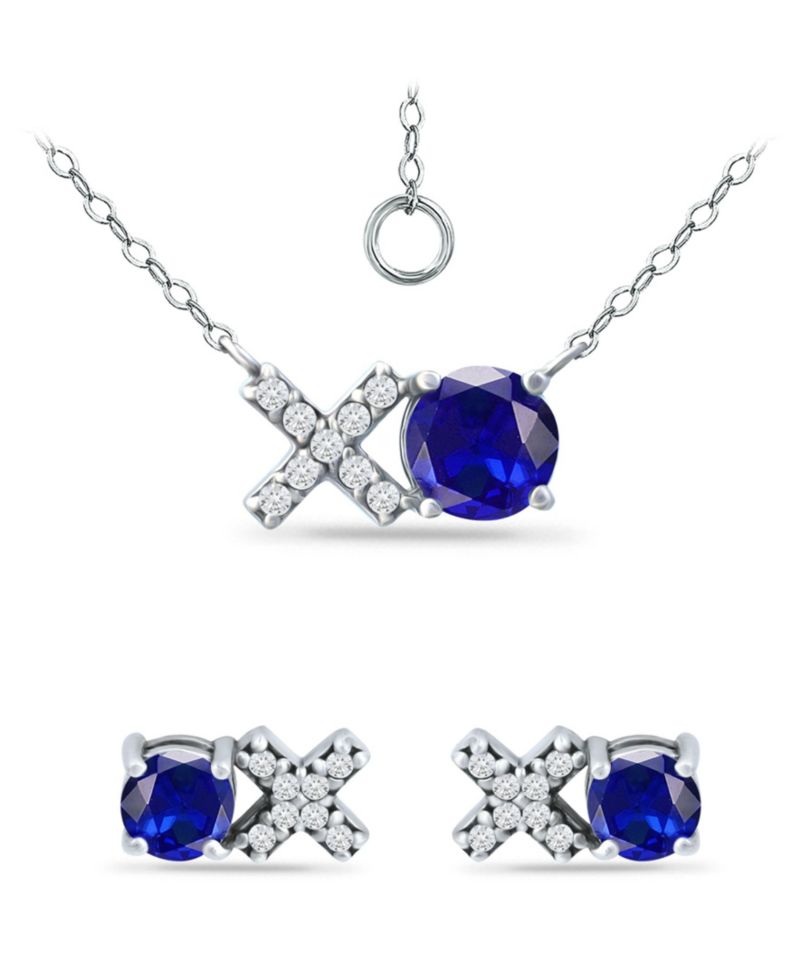 Simulated Blue Sapphire and Cubic Zirconia "XO" Pendant and Earring Set, 3 Piece