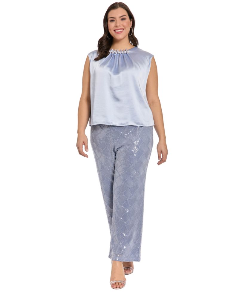 Plus Tucked Beaded Neckline Sleeveless Top