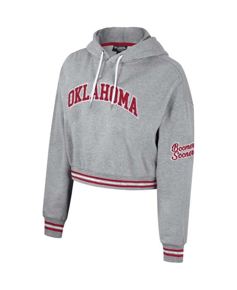 Women's Heather Gray Distressed Oklahoma Sooners Cropped Shimmer Pullover Hoodie