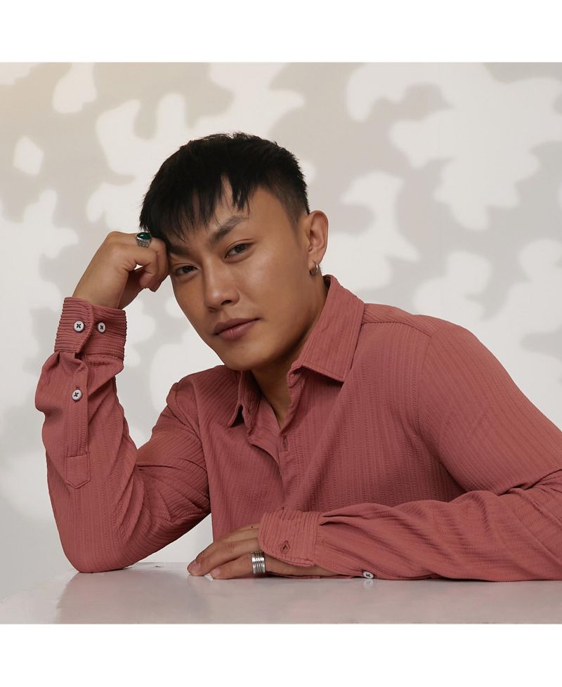 Men's Coral Pink Stripe-Creased Shirt