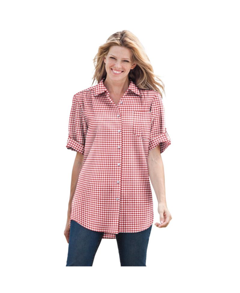 Plus Size Within Short-Sleeve Button-Down Cotton Seersucker Shirt