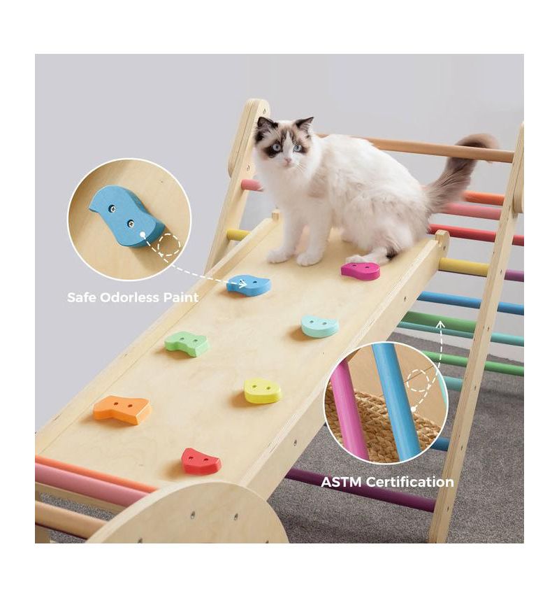 Pikler Triangle Set, 7-in-1 Wooden Montessori Climbing Toy Set, Toddler Indoor Playground Jungle Gym - Rainbow