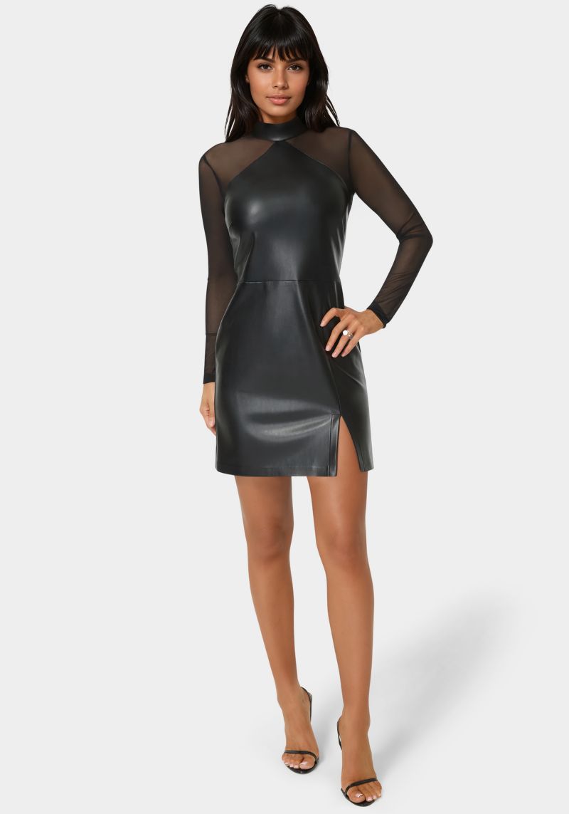 Womens Faux Leather and Mesh Mock Neck Mini Dress