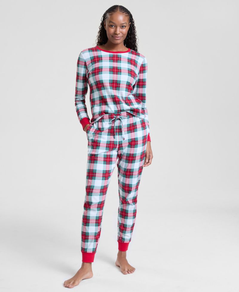 Women's Merry Plaid Crew Neck Matching Family Pajamas Set