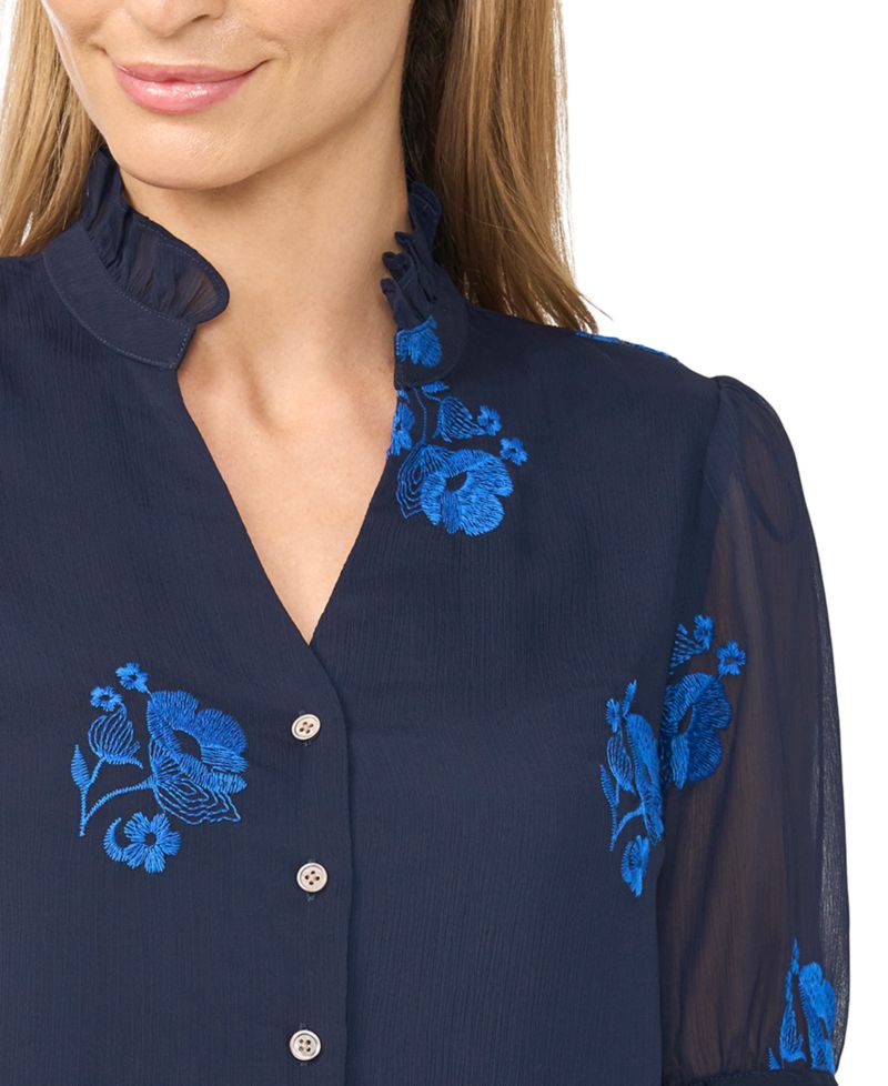Women's Floral-Embroidery V-Neck Elbow-Length Sleeve Button-Down Blouse
