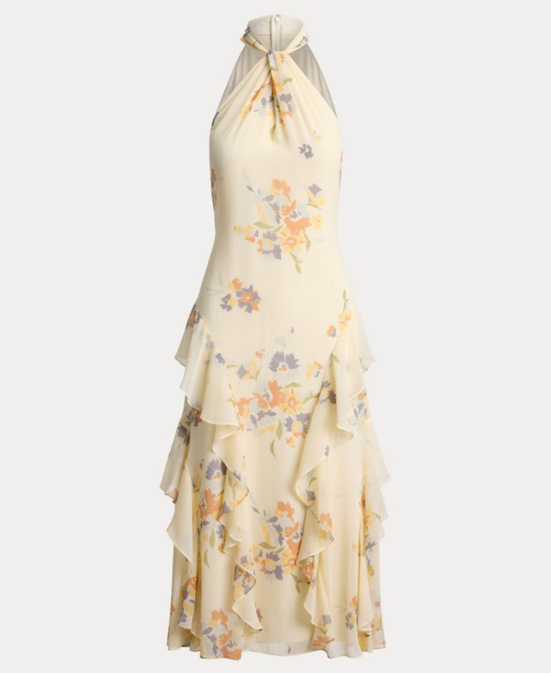 Floral Ruffle-Trim Halter Cocktail Dress