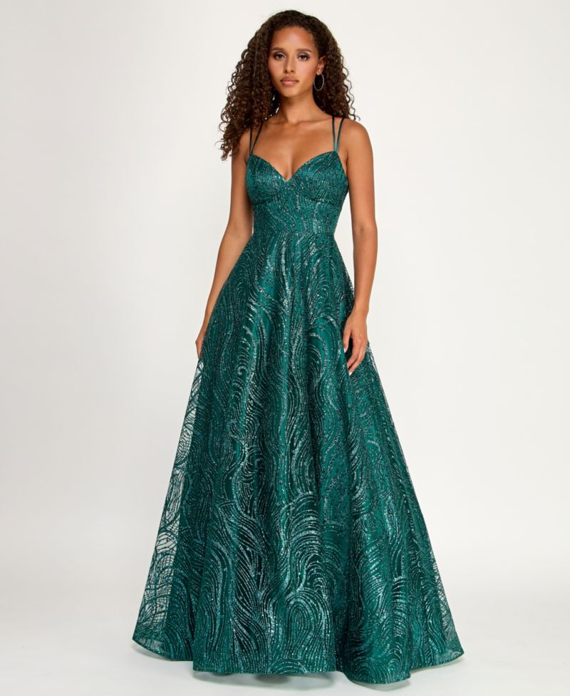 Juniors' Spaghetti Strap V Neck Glitter Pattern Gown with Lace Up Back