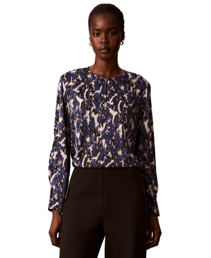 Women's Button-Front Long-Sleeve Crewneck Blouse