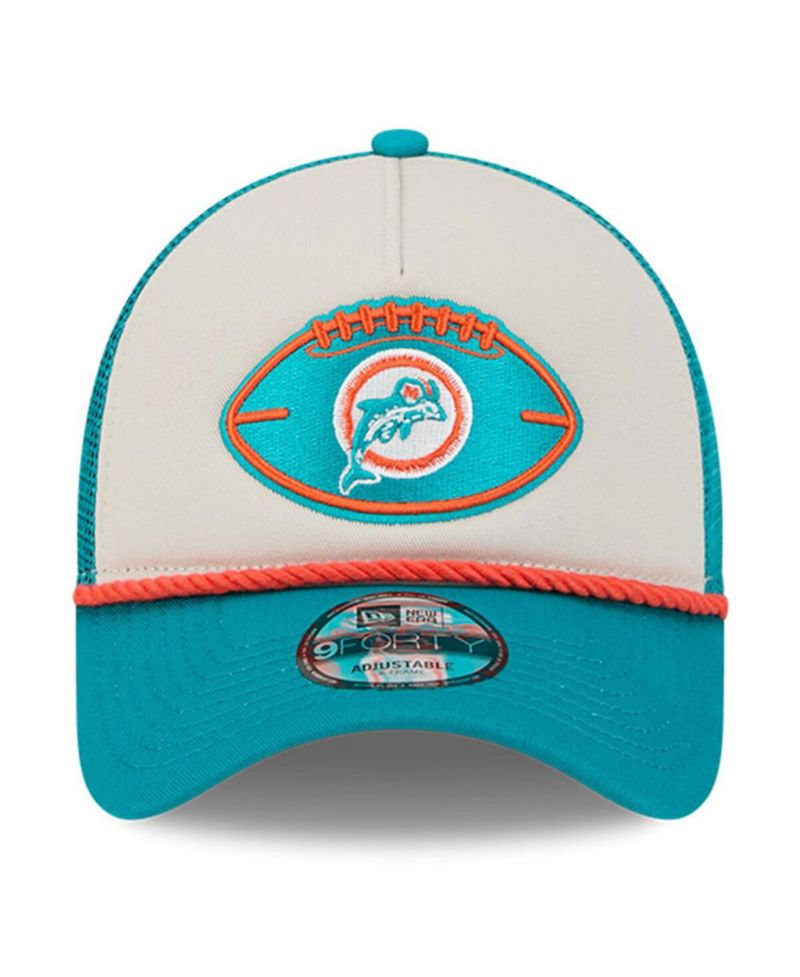 Men's Stone/Aqua Miami Dolphins 2024 Sideline Historic 9FORTY A-Frame Trucker Adjustable Hat