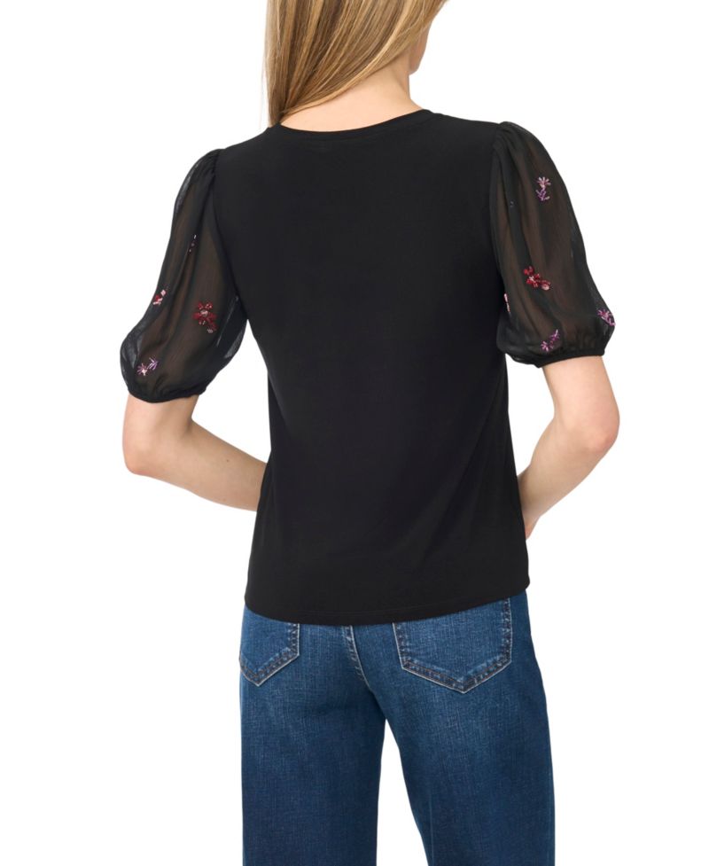 Women's Beaded Short-Sleeve Mixed-Media Crew Neck Blouse