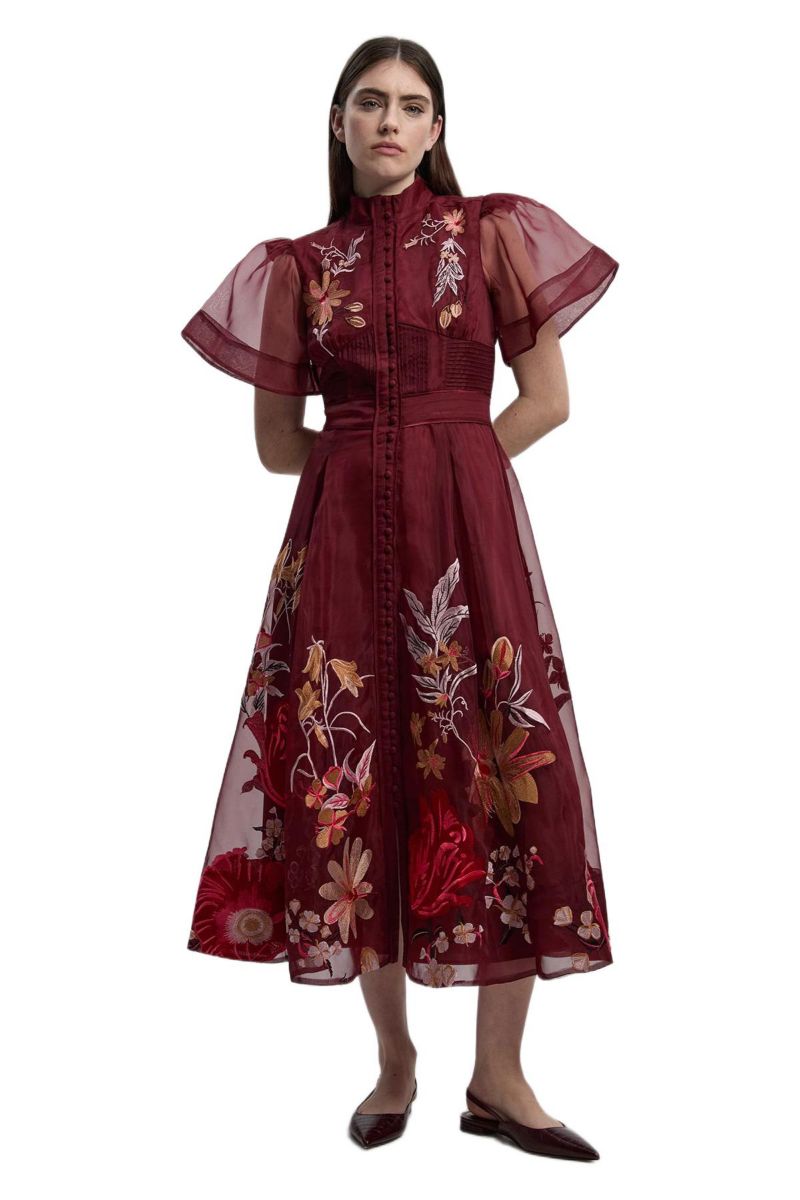 Women's Embroidered Short Sleeve Midi Dress