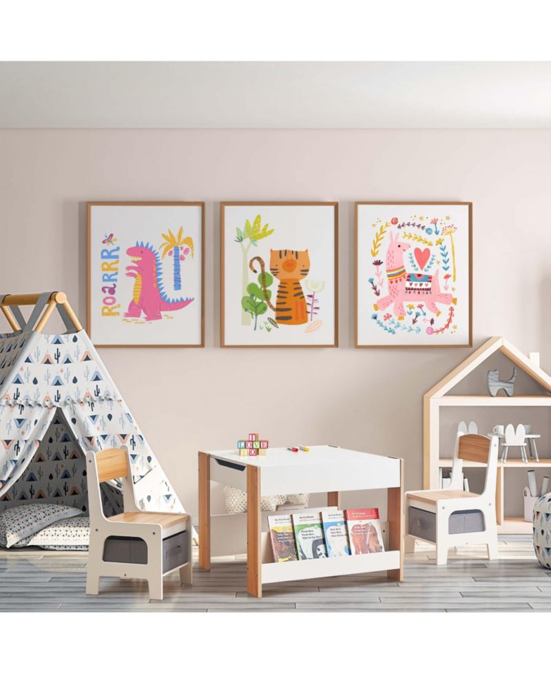 Kids Art Play Activity Table with Storage Shelf and Chair Set with Storage Baskets, White & Gray