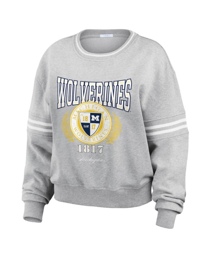 Women's Heather Gray Michigan Wolverines Classic Stripe Pullover Sweater