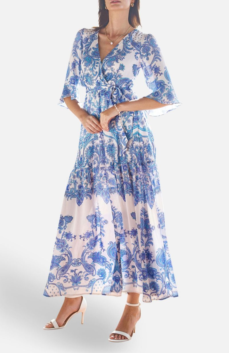 Women's 3/4 Sleeves Paisley Wrap Midi Dress