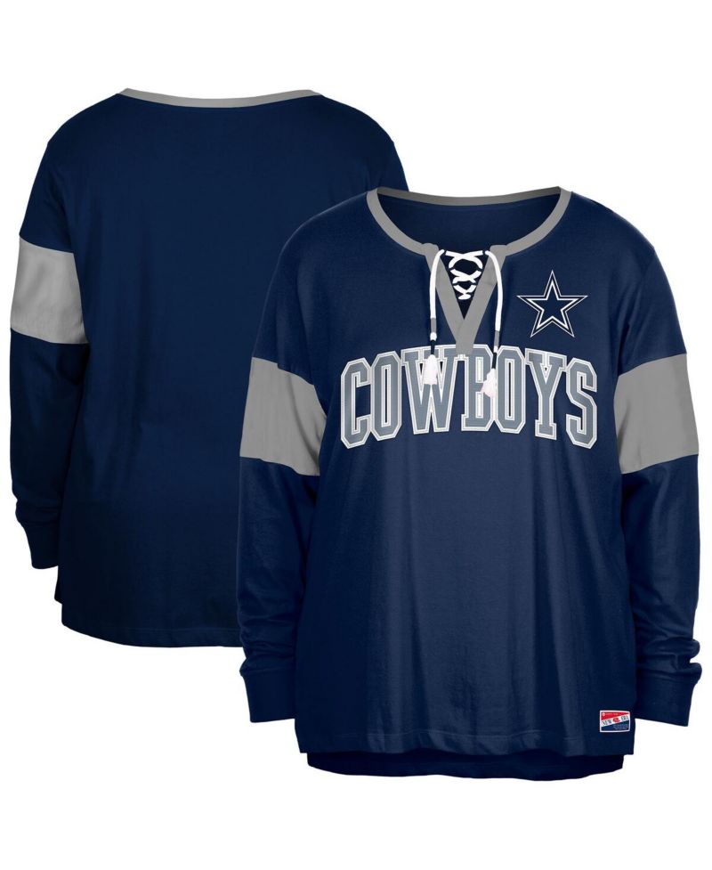 Women's Navy Dallas Cowboys Plus Size Lace-Up Notch Neck Long Sleeve T-Shirt