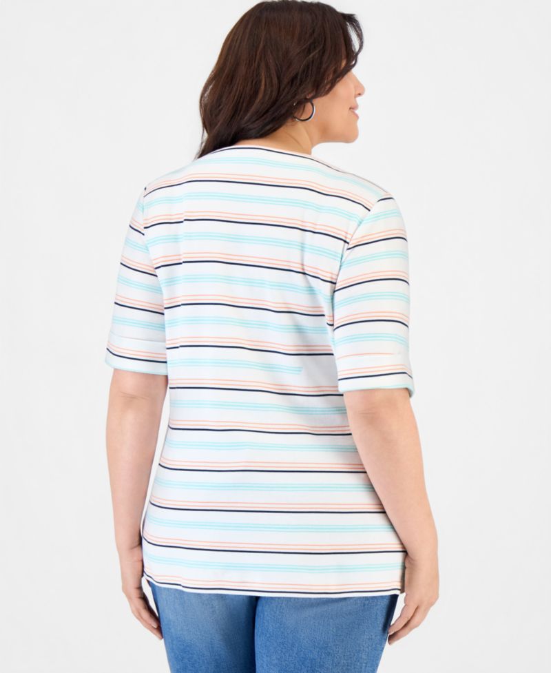 Petite Elbow-Sleeve Kelly Stripe Boat Neck Top