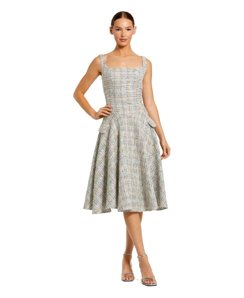 Women's Boucle Sleeveless Drop Waist Fit-and-Flare Midi Dress