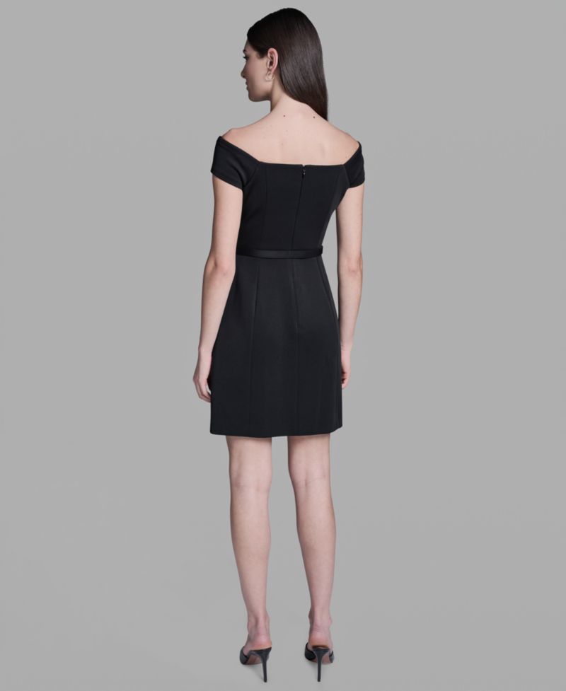 Women's Off-The-Shoulder Scuba Belted Mini Fit & Flare Dress