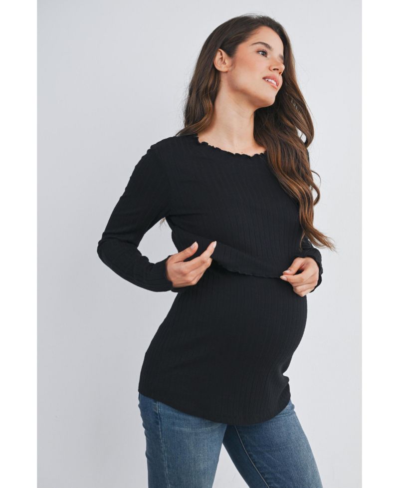 Maternity Long Sleeve Ribbed Double Layer Nursing Top