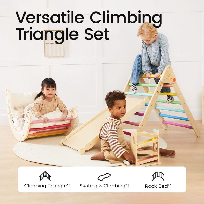 Pikler Triangle Set, 7-in-1 Wooden Montessori Climbing Toy Set, Toddler Indoor Playground Jungle Gym - Rainbow