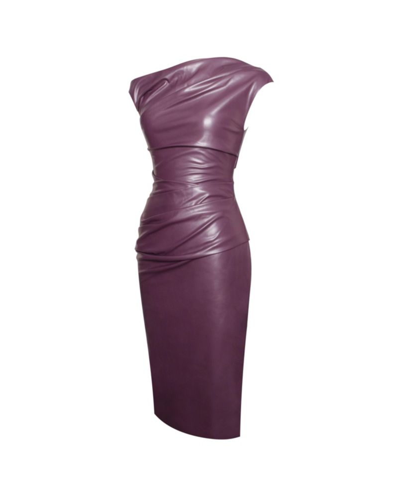Women's Sabina Purple Leather Slash Neck Midi Dress