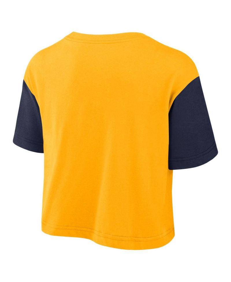 Women's Gold/Navy West Virginia Mountaineers Color Block Script Performance Cropped T-Shirt