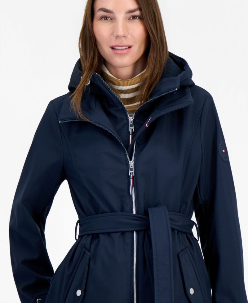 Petite Hooded Belted Softshell Coat, Created for Macy's