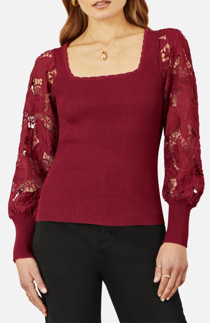 Women's Ribbed Knitted Lace Sleeve Sweater