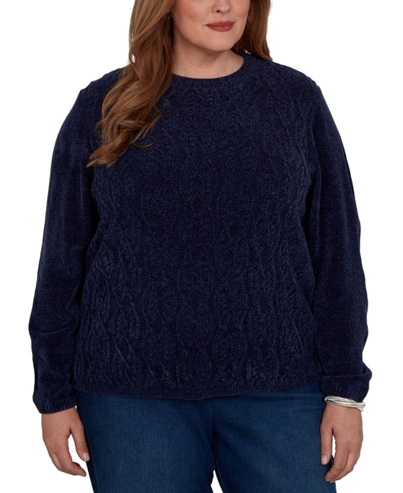 Plus Size Cable-Knit Chenille Crewneck Long-Sleeve Pullover Sweater