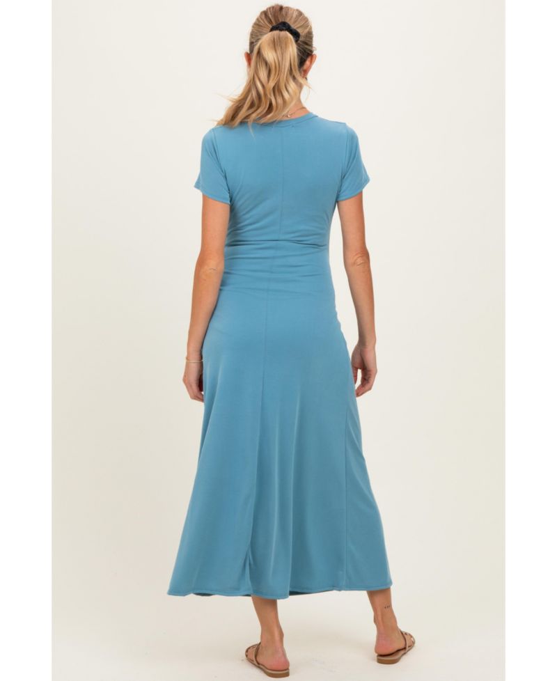 Women's Blue Short Sleeve Ruched Midi Dress