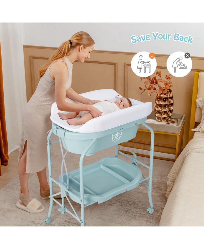 Baby Changing Table with Bathtub, Folding Diaper Station with Wheels
