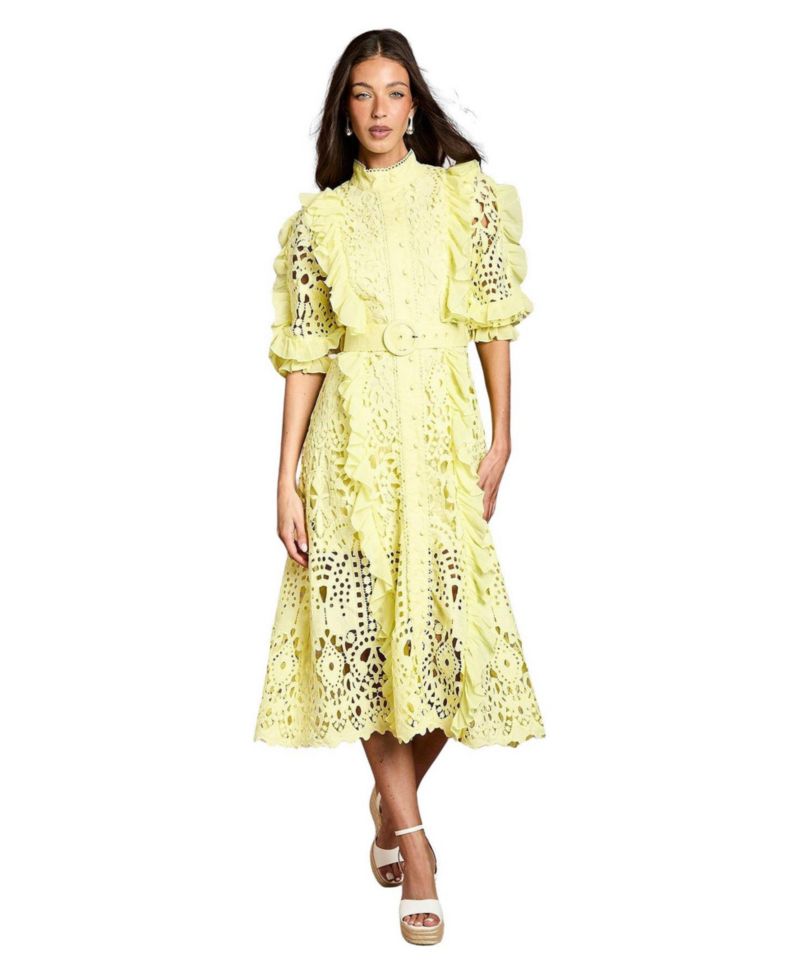 Women's Lace-Ruffle Belted Midi Dress