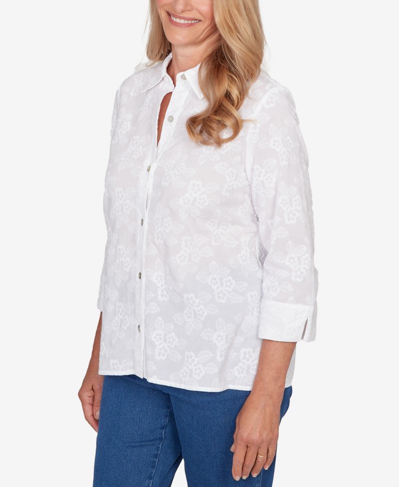 Women's Classic Collared Flower Embroidered Button Down Top