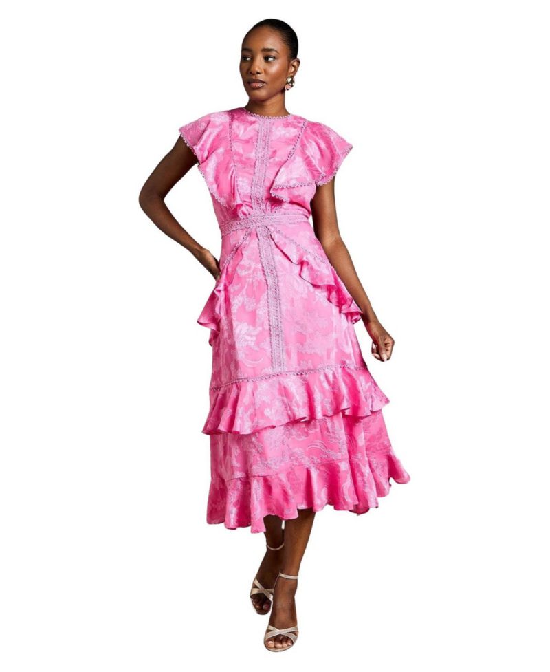 Women's Satin Ruffle Jacquard Midi Dress