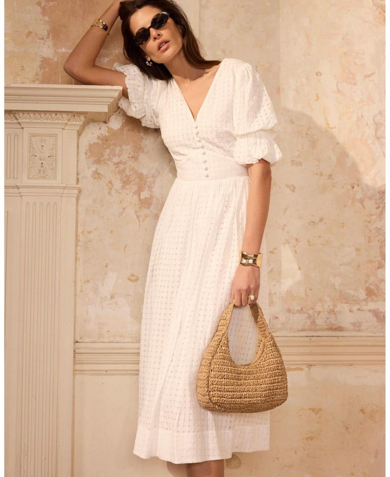 Women's Checked Puff-Sleeve V-Neck Midi Dress