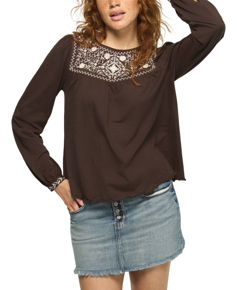 Women's Long-Sleeve Embroidered Yoke Peasant Top