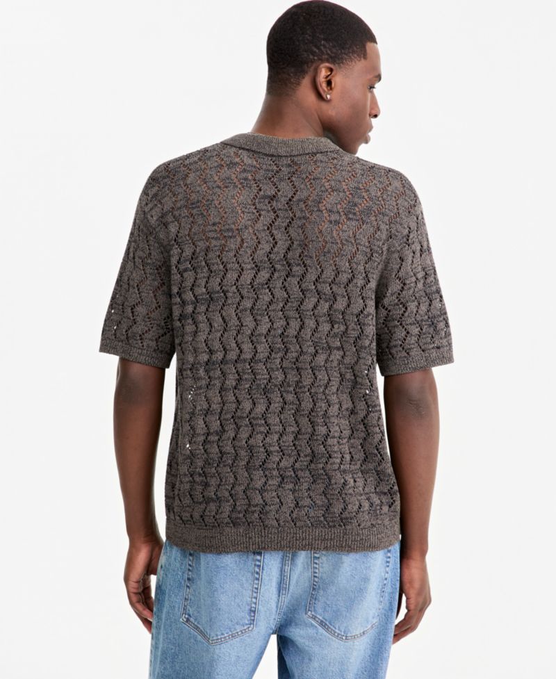 Men's Zig Zag Trim Open-Knit Panel Classic Fit Polo Shirt