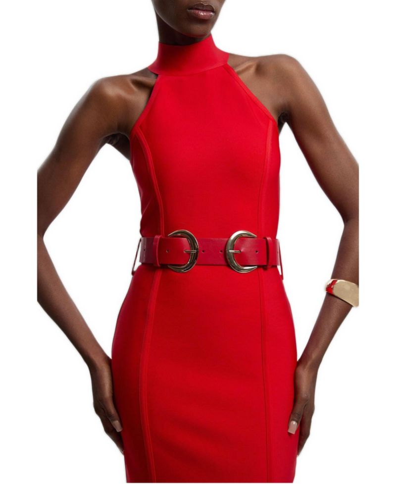 Women's Bandage High Neck Buckle Trim Midi Dress