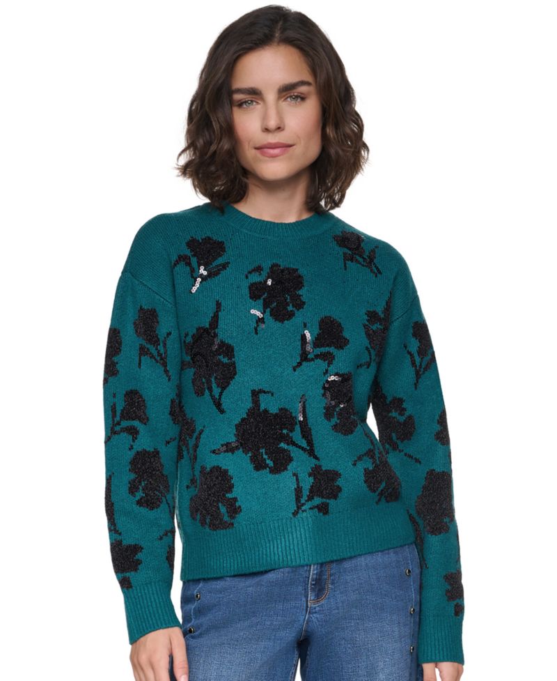 Petite Floral-Sequin Crewneck Sweater