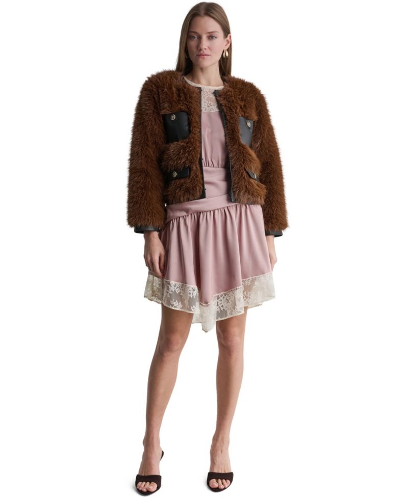 Women's Cropped Faux Fur Jacket with Faux Leather Trim