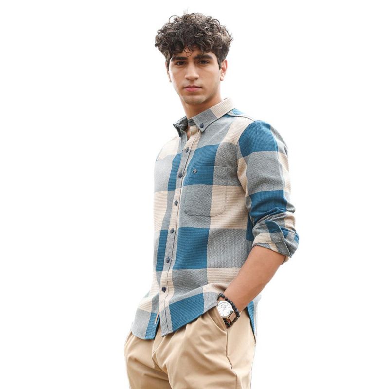 Men's Azure Blue & Off-White Buffalo-Woven Regular Shirt